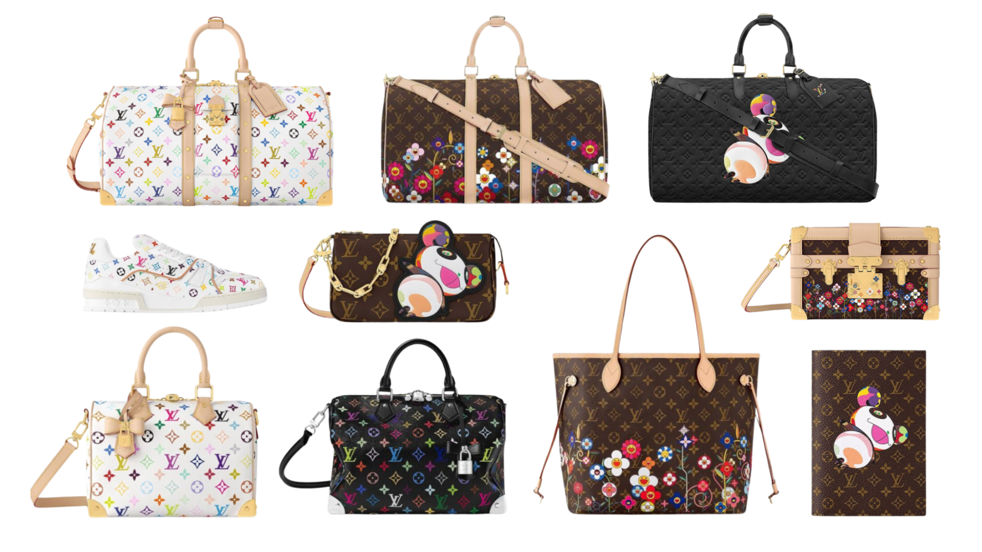 Image of products from the 2025 collection between Louis Vuitton and Takashi Murakami