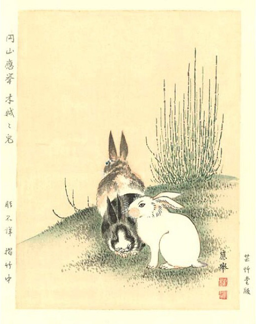 Woodblock print with three rabbits