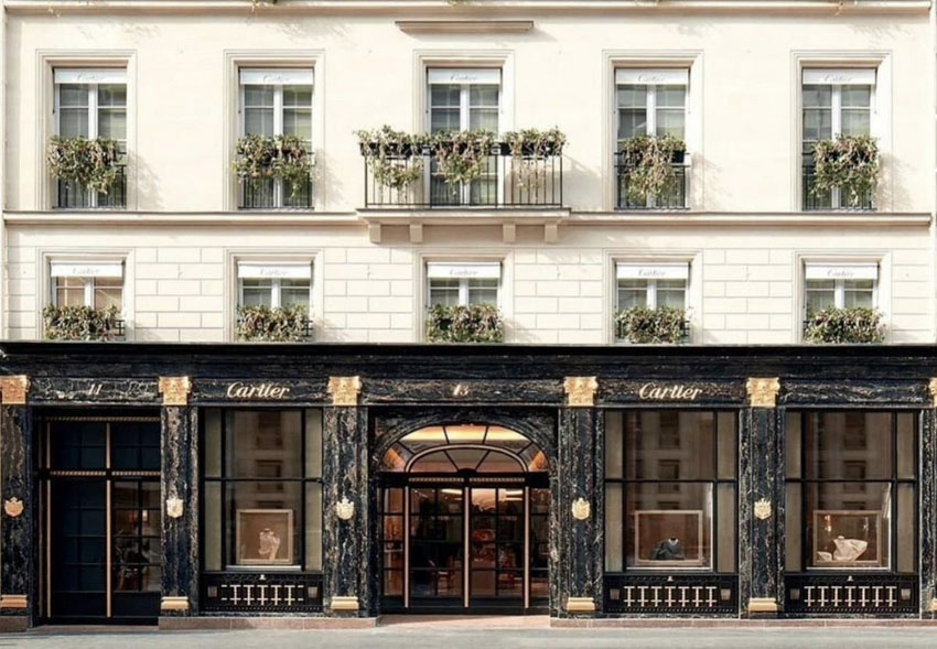 Exterior front of Cartier store on Rue de la Paix in Paris