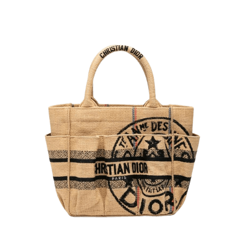 Pre-owned Dior Catherine Small Handbag Tote Bag in Beige Multicolor Canvas and Jute. Womens