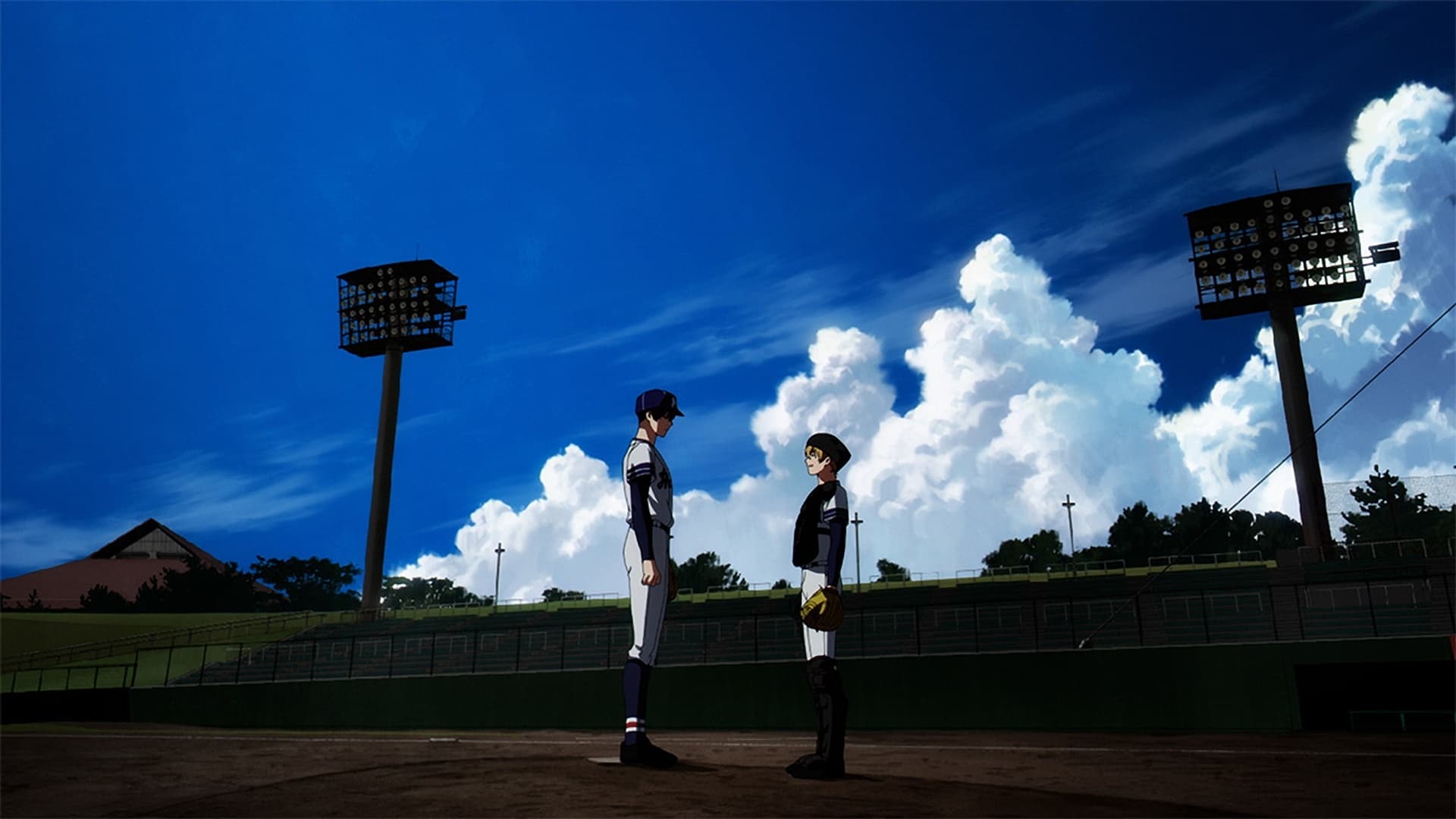 Two anime characters standing in the middle of a baseball field during a sunny day