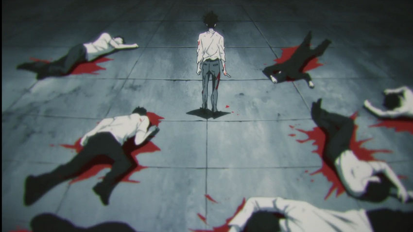 A group of men in white shirts and suits laying lifeless on pools of red on the floor with a person standing in the middle holding a knife in one hand.