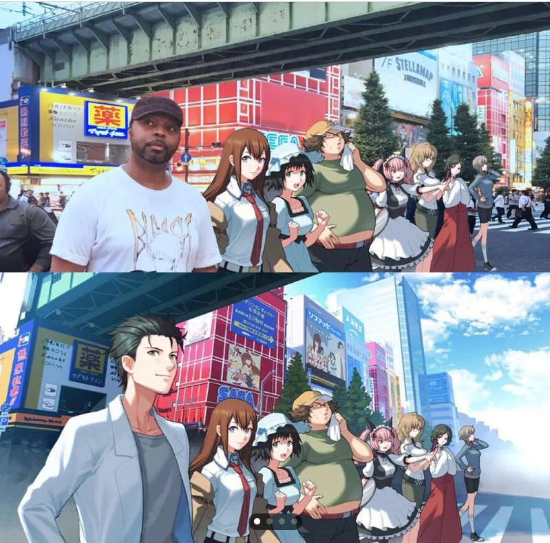 Image comparing a scene from the animated film 'Your Name' with its real-world counterpart