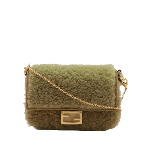 Pre-owned FENDI Nano Bucket Mini Bag with Chain Shoulder Strap, Bag Charm, Beige Boa Leather, Gold Hardware, 7AR844