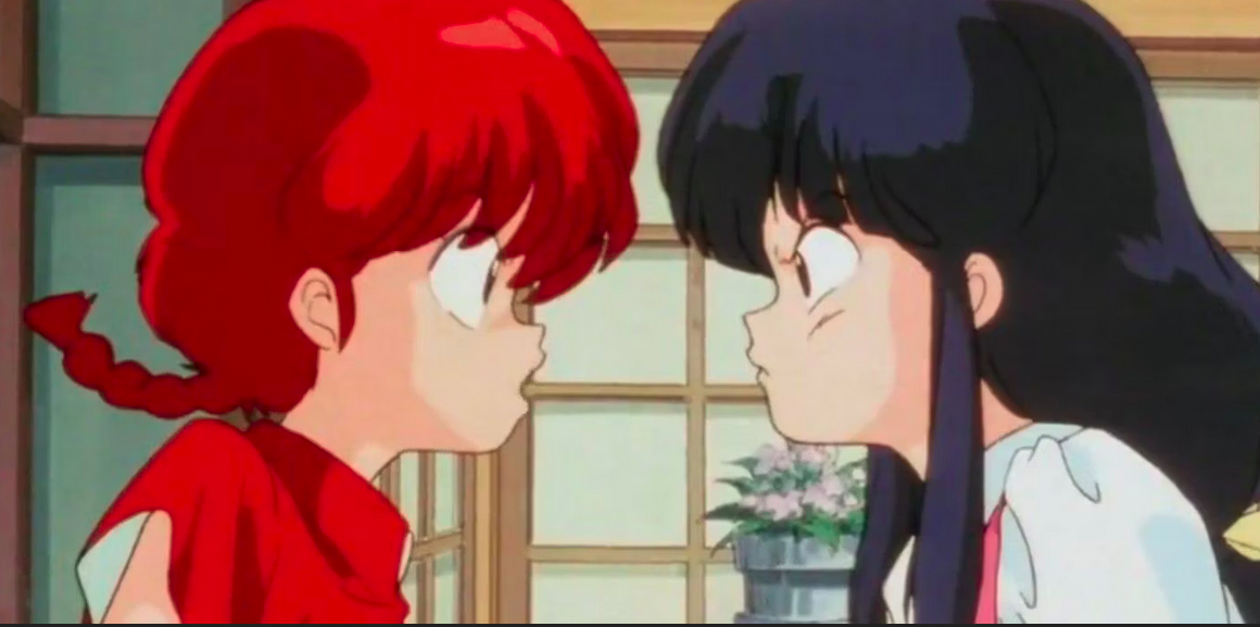 The characters Ranma and Akane facing each other during a scene in Ranma 1/2