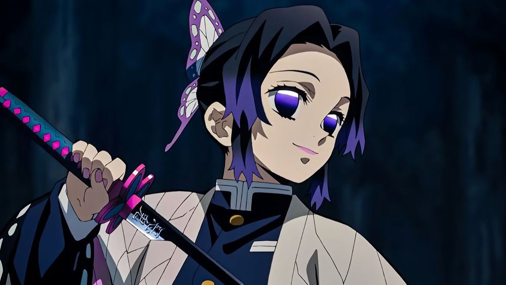 Anime character with purple eyes, wearing a traditional japanese clothes, holding a katana with her hands