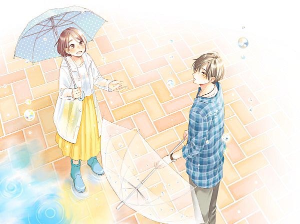 Hotaru and Hananoi standing in the rain with umbrellas looking up to the sky.