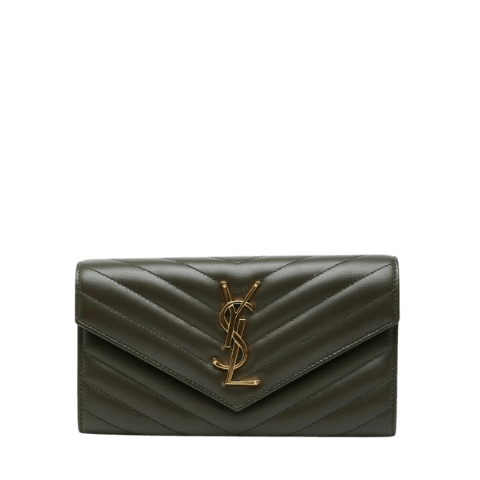 Pre-owned Saint Laurent Cassandra V-Stitch Long Wallet 372264 Khaki Leather Womens SAINT LAURENT