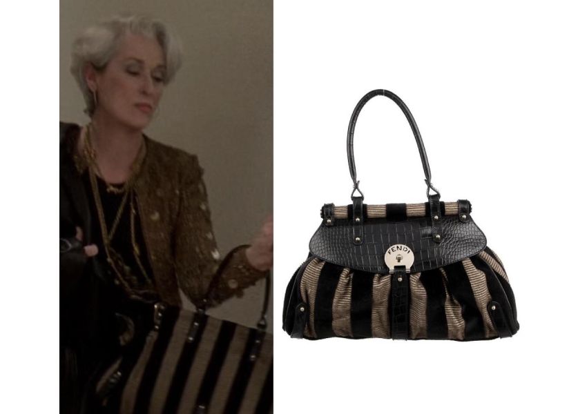 The Fendi Pequin Magic Handle Bag with velour and striped detailing, a mid-2000s texture-forward luxury bag from The Devil Wears Prada