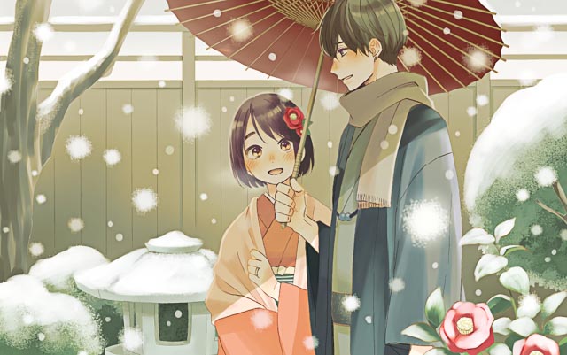 Hotaru and Hananoi in traditional Japanese clothing, holding a Japanese umbrella while walking in snowfall in a Japanese style garden.