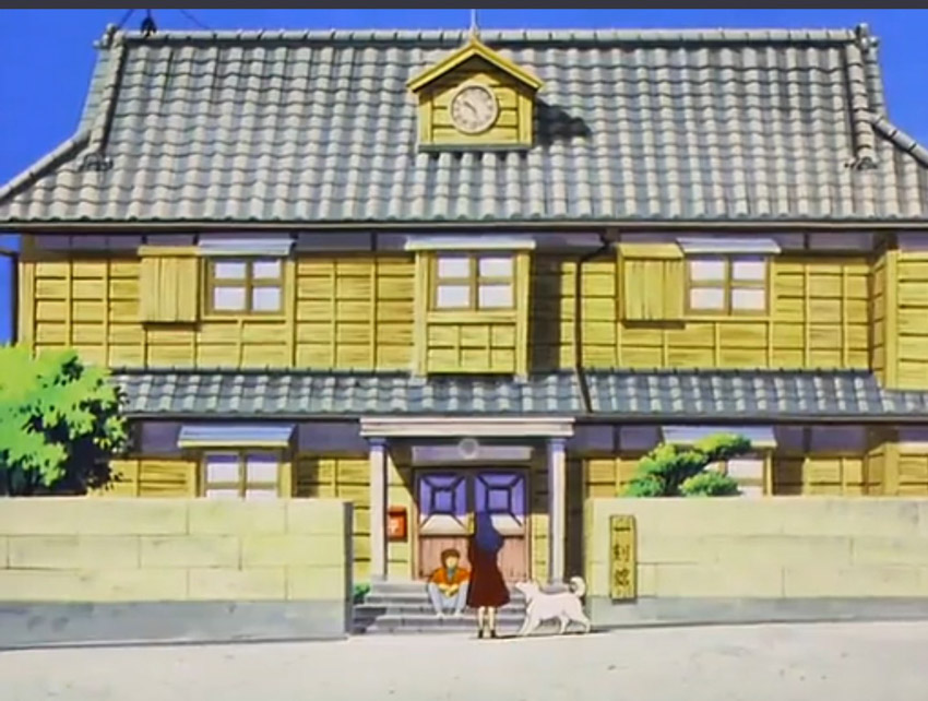 Kyoko and Godai talking at the front side gate of Maison Ikkoku with Kyoko's dog Soichiro next to her.