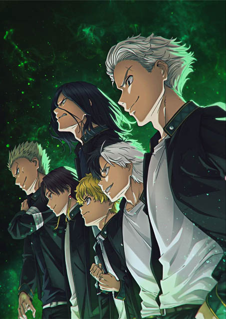 The six main characters of Wind Breaker in a dark setting with green light from behind