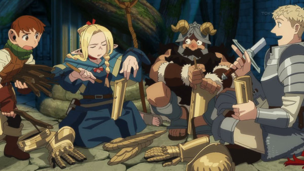 Chilchuck, Marcille, Senshi and Laios sitting and working with wood.