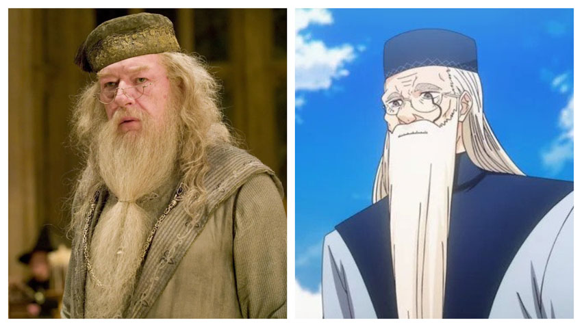 Comparison picture of Dumbledore and Mashle's headmaster.