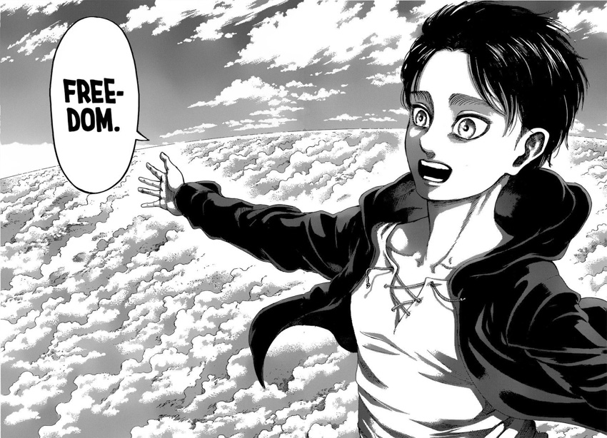 Eren at the end of the manga as he achieved his own version of freedom.