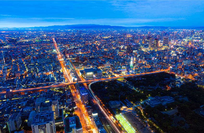 View at dusk from the observation deck at Abeno Harukas