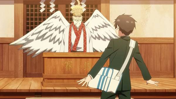 The back of Rentarou as he stands seemingly shocked in front of the shrine and the God of Love.