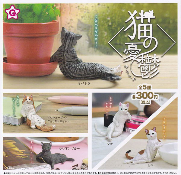 A collection of Gacha Gacha toy cats sitting leaning on everyday items