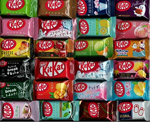 Twenty different types of Japanese KitKat flavors lined up in five rows