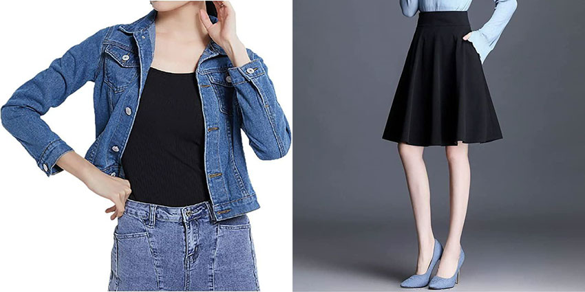 Female models wearing a denim jacket and a knee high pleated skirt 