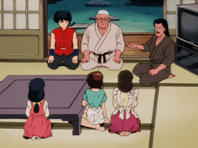 Scene where some characters from the animation Ranma 1/2 are gathering around  a tatami room