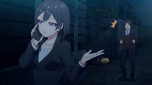 Hoshizaki talking on the phone on a dark street with Sasaki behind her