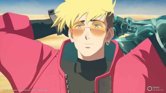 Anime character with blonde hair, big glasses and a red jacket