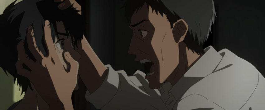 A dark picture of Kaoru and his drunk father grabbing Kaoru's head in anger.