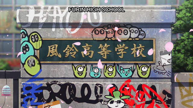 The Furin High School entrance sign covered in grafitti.