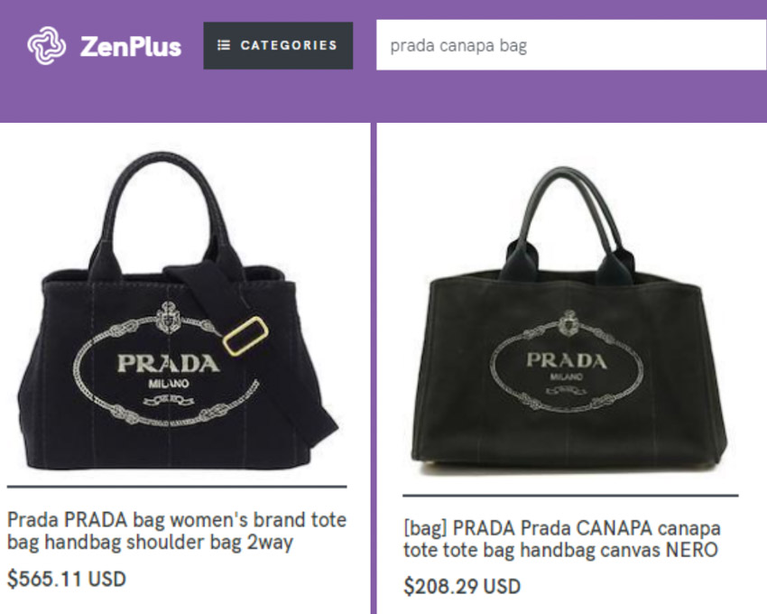 Two similar Prada handbags in different used condition