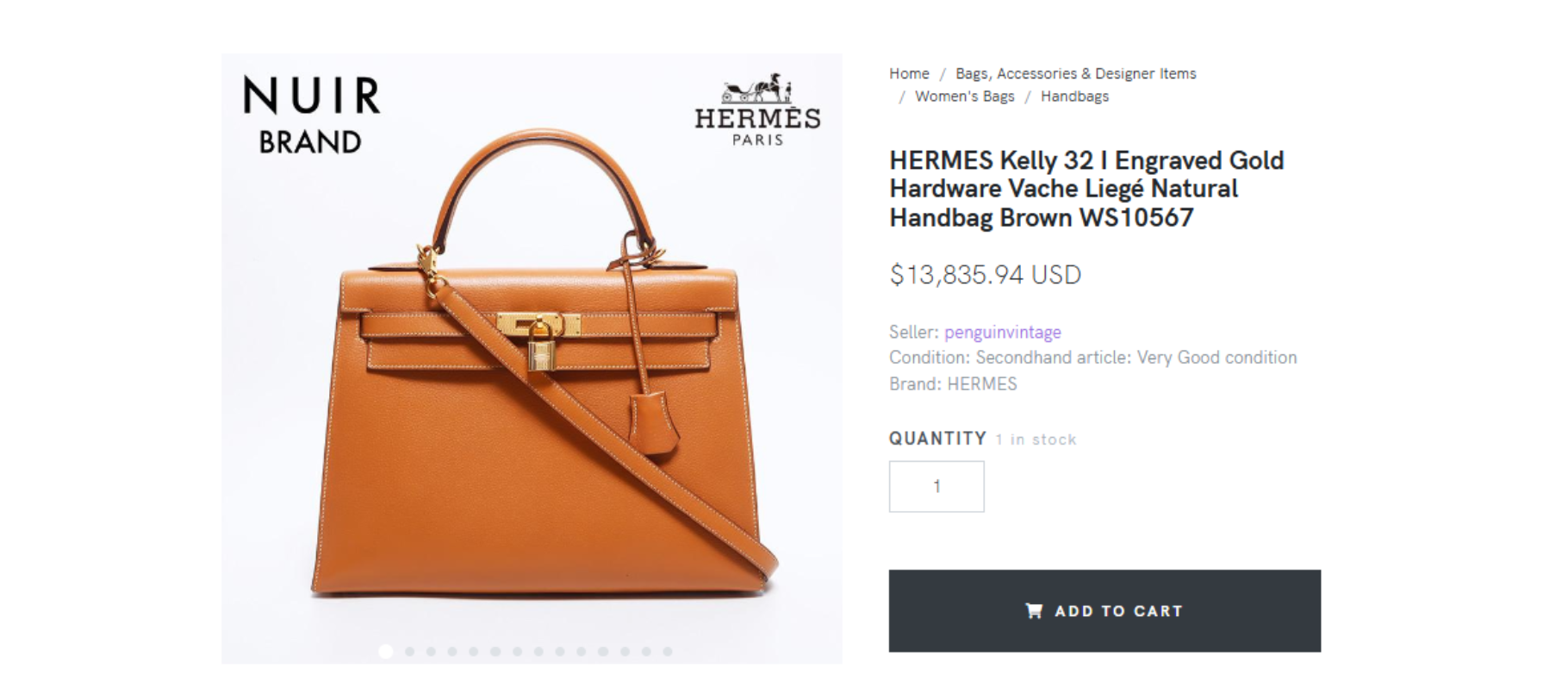 Hermes Kelly bag displayed at the website ZenPlus