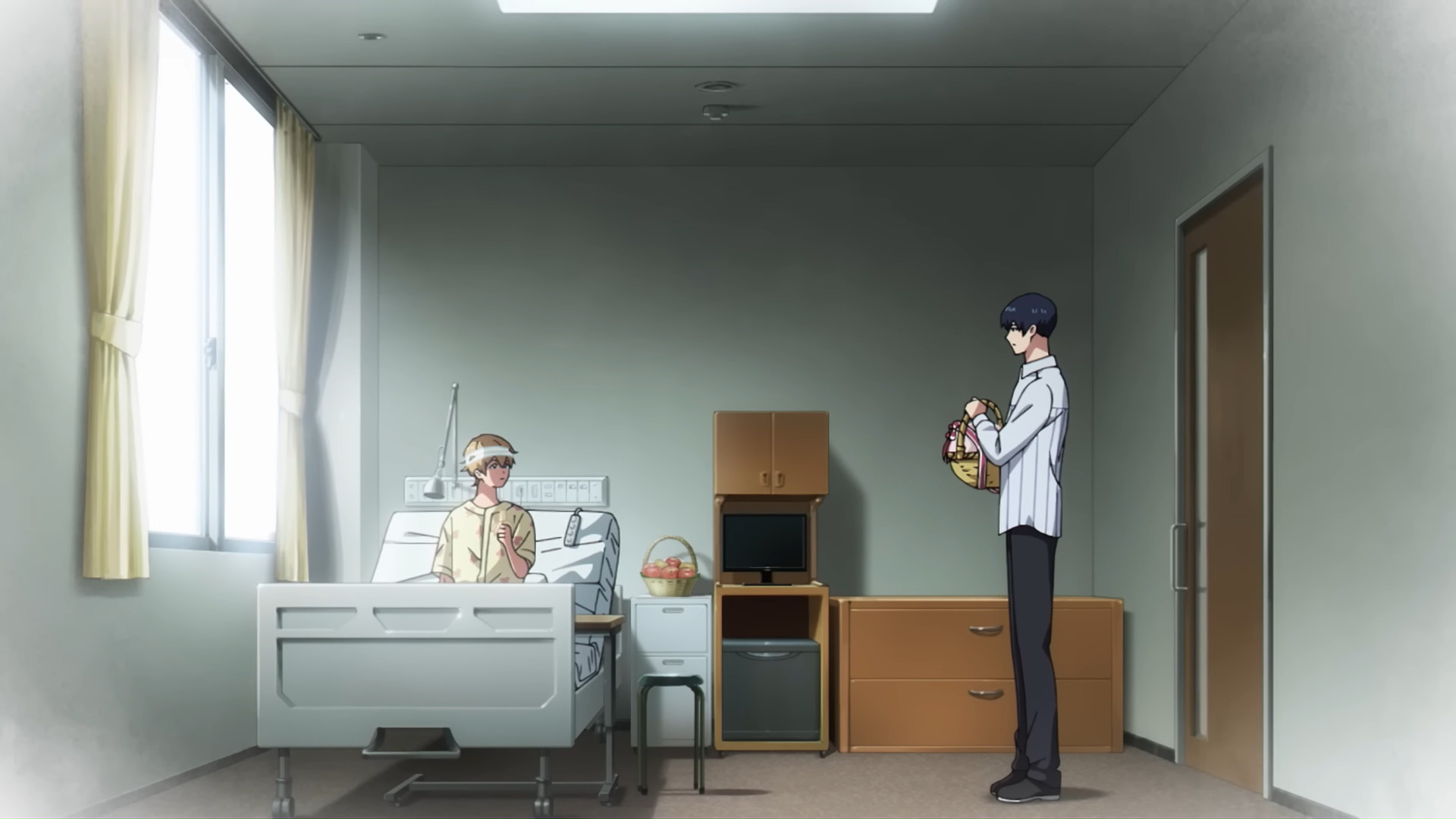 Two characters from the anime Oblivion Battery in a hospital room