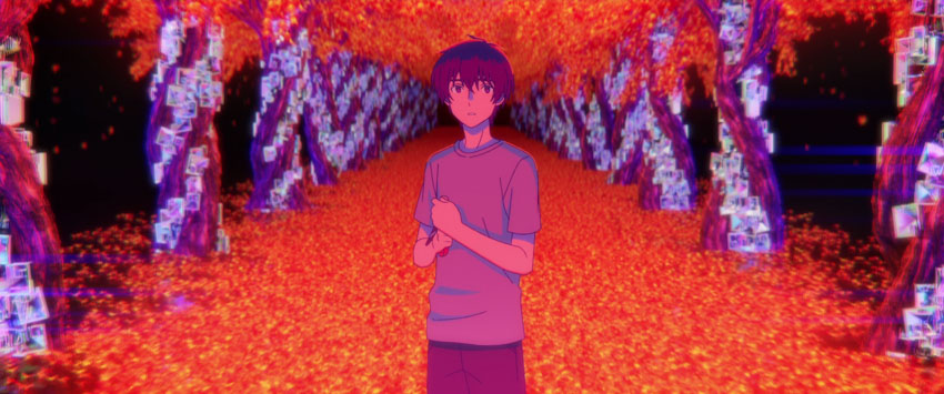 Kaoru standing in the Urashima Tunnel in a long alley filled with orange leaves on the ground and old trees with pictures on the trunks.