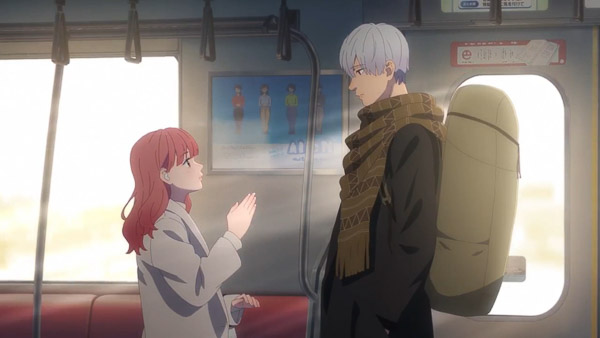 Yuki and Itsuomi standing facing each other in a train with the sunlight coming in from the windows behind them