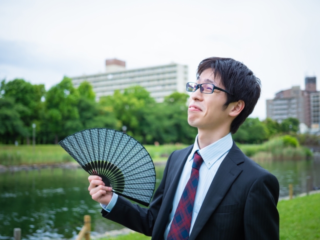 Man wearing a suit and holding a fan 