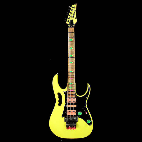 Yellow Ibanez JEM with black pickguard and maple fretboard