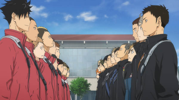 The Nekoma High School team and Karasuno High School teams standing lined up facing each other.