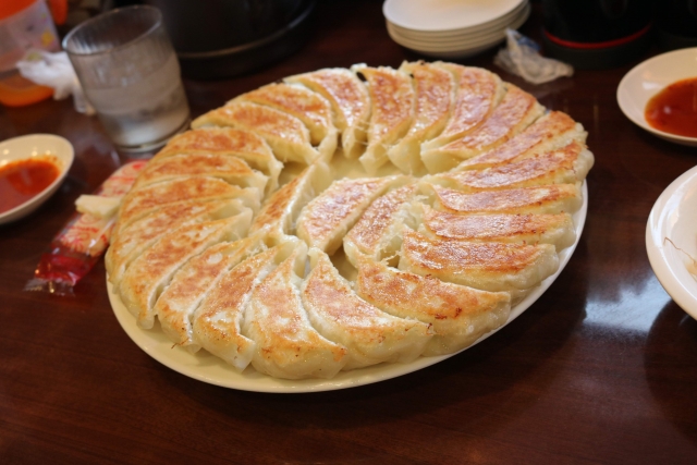 Close up of a plate full of fried dumplings