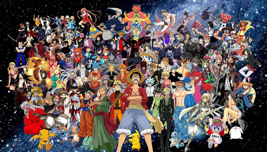 A group picture of abut a hundred of anime characters.