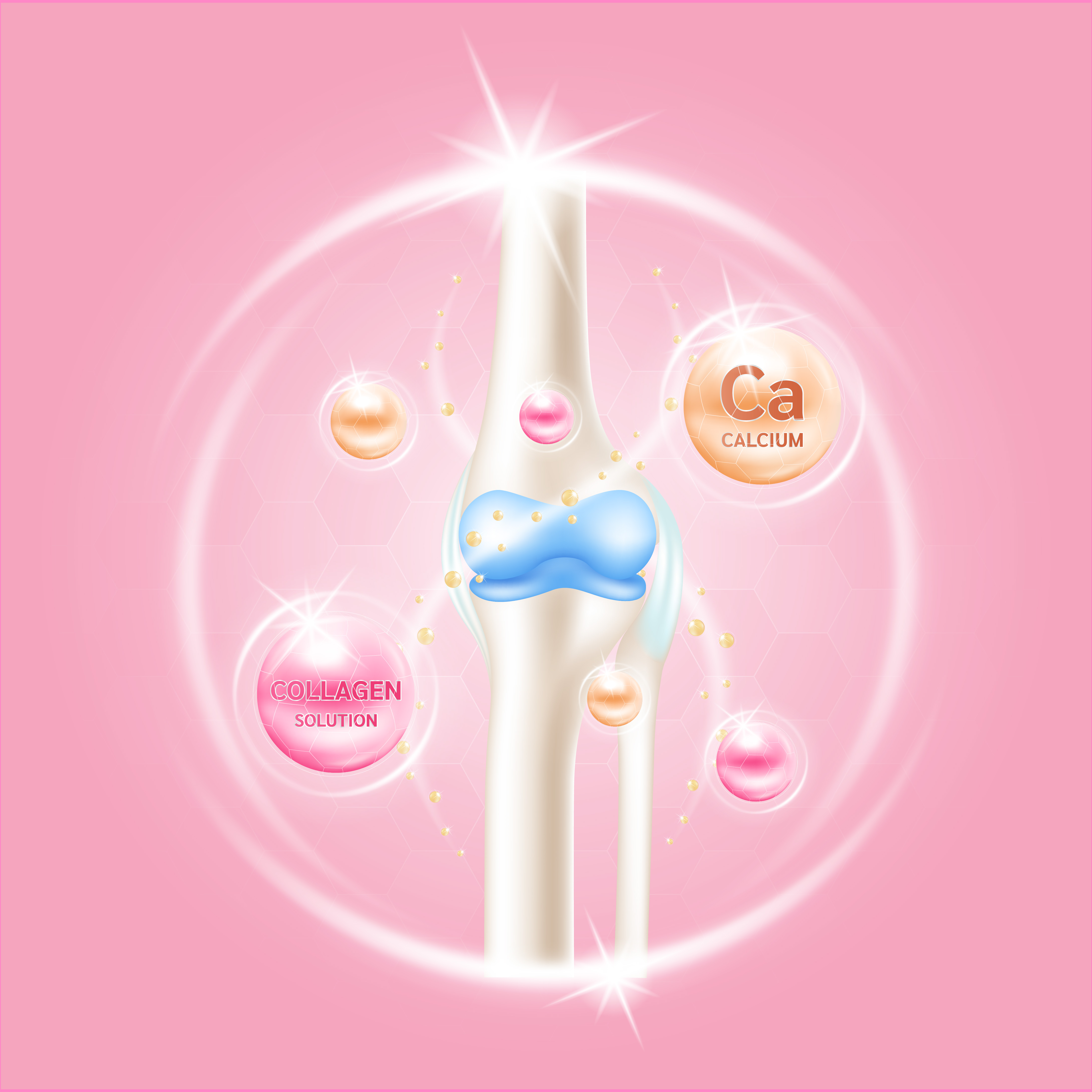 Animated image of bone on pink background with Calcium and Collagen in bubbles