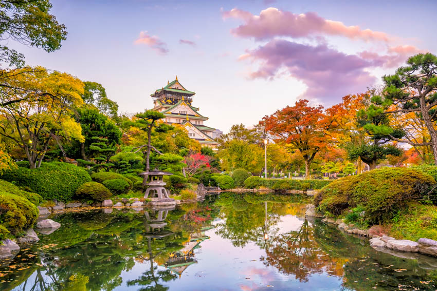 The hidden pond next to Osaka Castle offers a great photo spot.