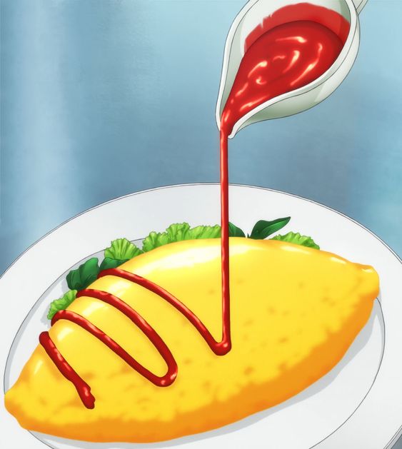 An accurate drawing an Omu-rice on a plate with a red sauce being poured on top of it