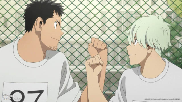 Kafka and Ichikawa in gym class outfits with competitor numbers on the front.