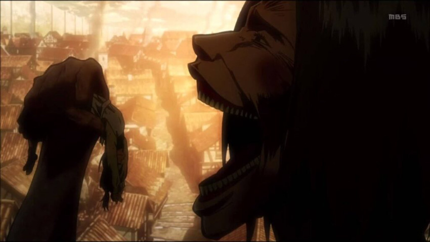 Eren’s mother, Carla, gets eaten by a Titan right in front of him.