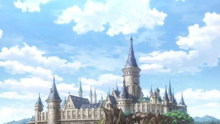 Distant view of the Easton Magic Academy castle like building.