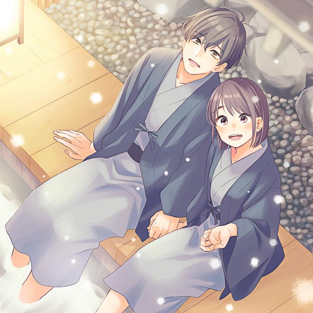 Hananoi and Hotaru in Japanese yukata sitting with their feet in a public foot bath looking up at the snow falling.