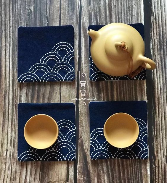 Cup coasters made with the "Sashiko" embroidery technique