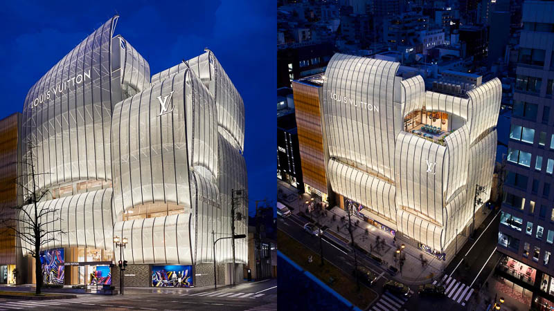 The brightly illuminated Louis Vuitton store in Osaka seen from the street at night and from above at night.