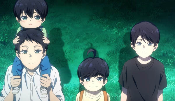 Hayato with Minato on his shoulders and Gakuto and Mikoto standing next to them in casual clothes on a grass field, all looking upwards to the camera