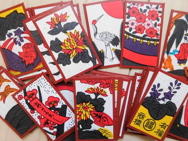 Close up of a deck of spread out Hanafuda cards